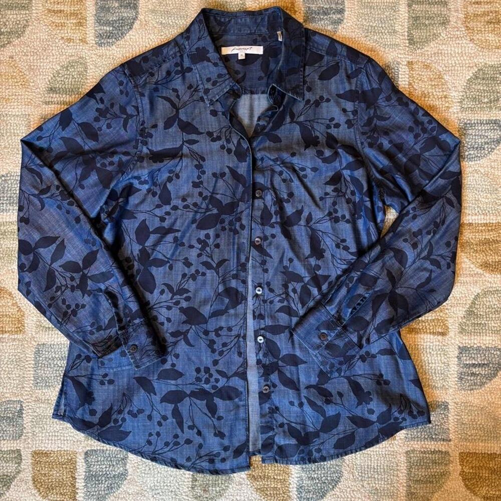 Foxcroft NYC Navy Blue Floral Print Button-Up Shirt Artwear Artsy Size 10